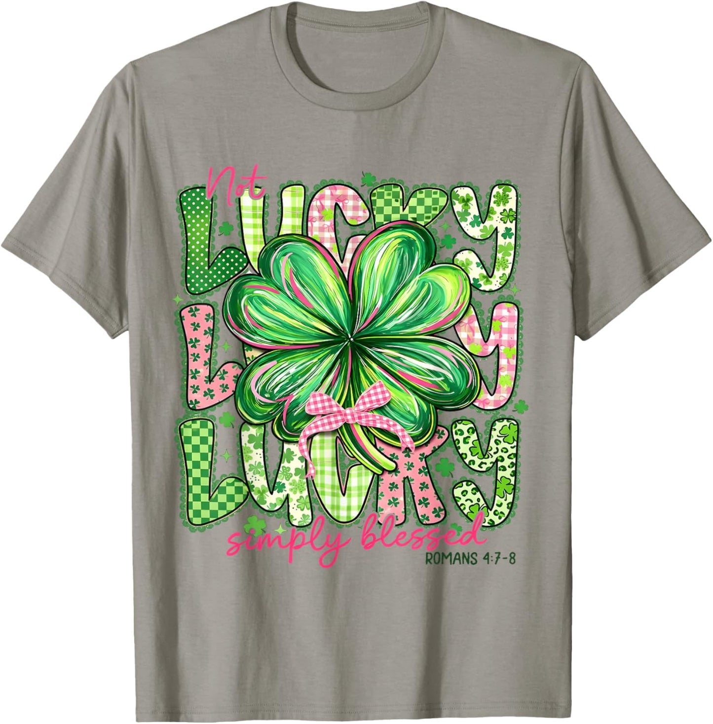 Not Lucky Simply Blessed Patrick's Day Shamrock Coquette Bow T-Shirt - T-Shirt | Sand