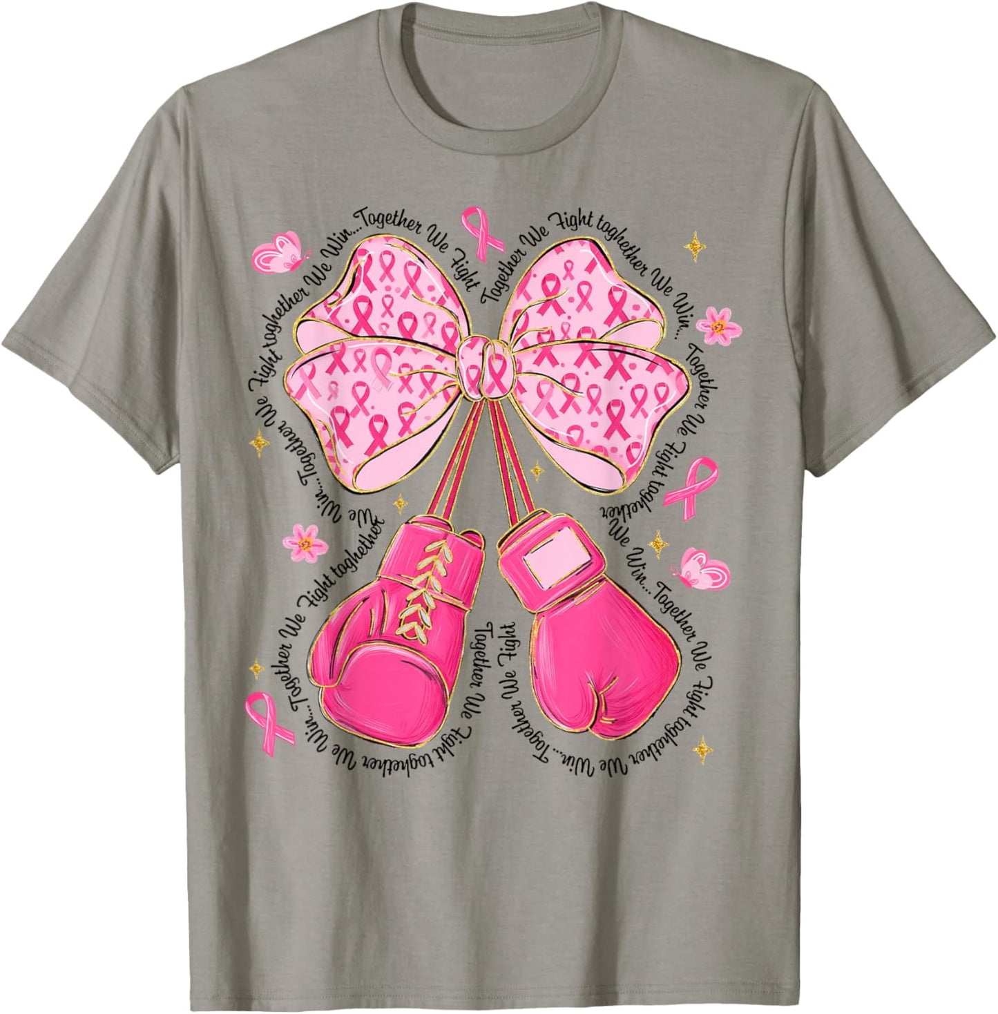 Pink Bow Boxing Gloves Breast Cancer Awareness Fighter T-Shirt - T-Shirt | Sand