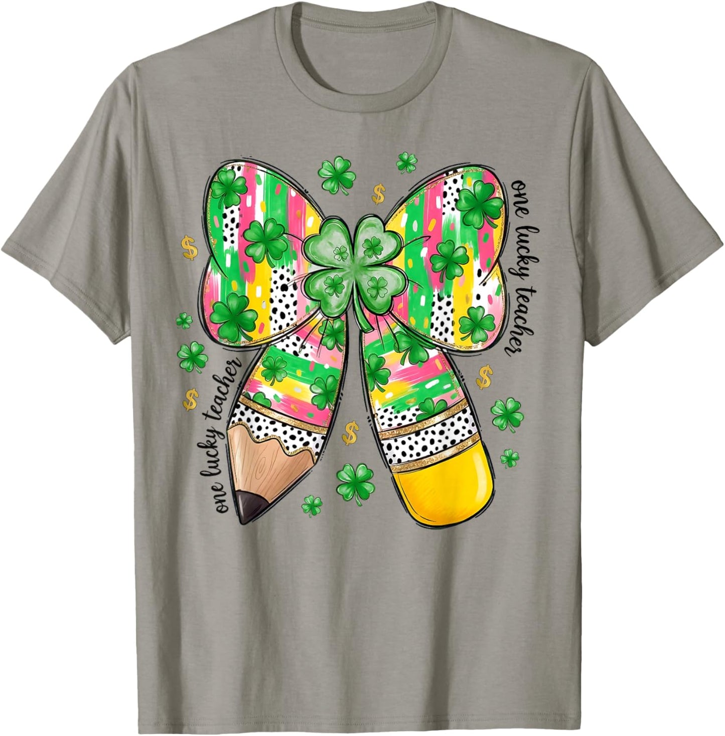 One Lucky Teacher St Patrick's Day Coquette Pencil Shamrock T-Shirt - T-Shirt | Sand
