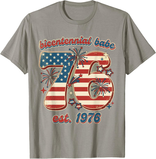 Bicentennial Babe 50th Birthday Women Vintage 1976 Flag T-Shirt - T-Shirt | Sand