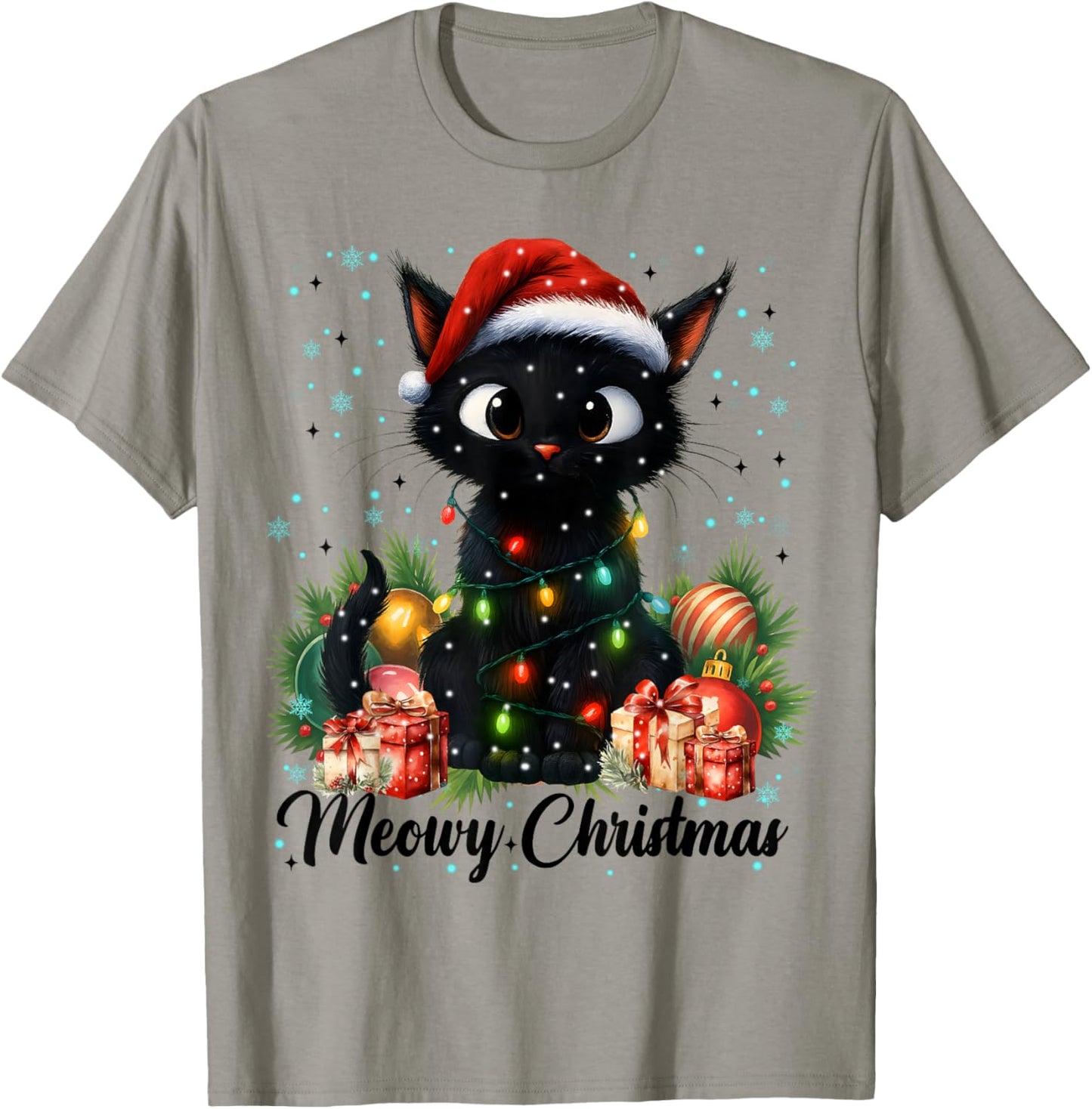 Moewy Christmas Black Cute Cat Santa Hat Xmas Women Girl T-Shirt - T-Shirt | Sand