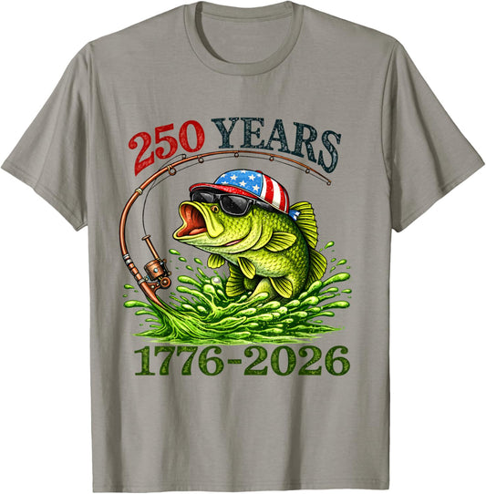 250 Years 1776-2026 Bass Fishing 250th Anniversary 4th July T-Shirt - T-Shirt | Sand