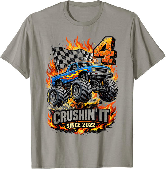Birthday Monster Truck 4 Year Old Boys 4th Party Born 2022 T-Shirt - T-Shirt | Sand