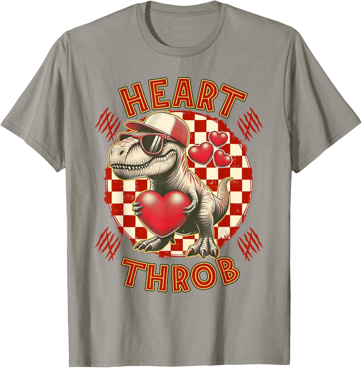 Heart Dinosaur Throb Valentines Day T Rex Checkered Print T-Shirt - T-Shirt | Sand