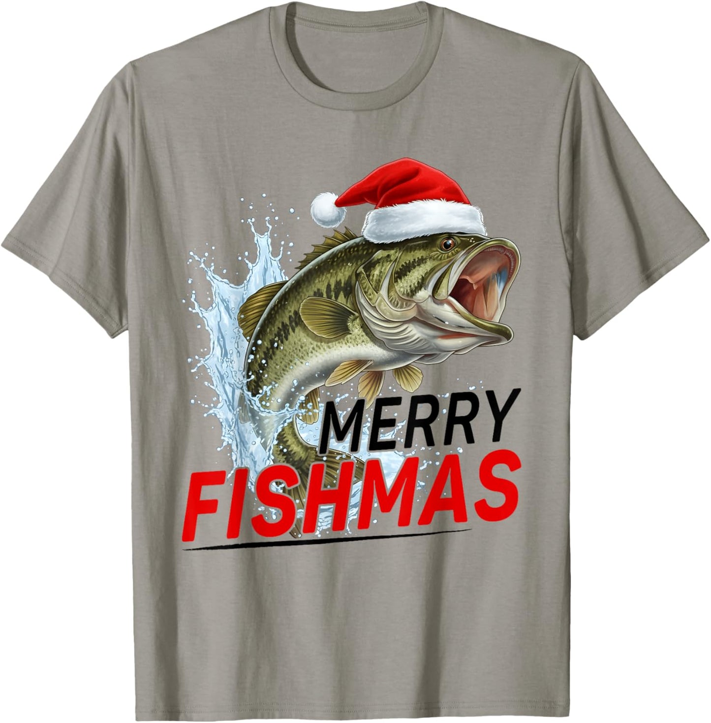 Merry Fishmas Funny Christmas Bass Fisherman Santa Hat T-Shirt - T-Shirt | Sand