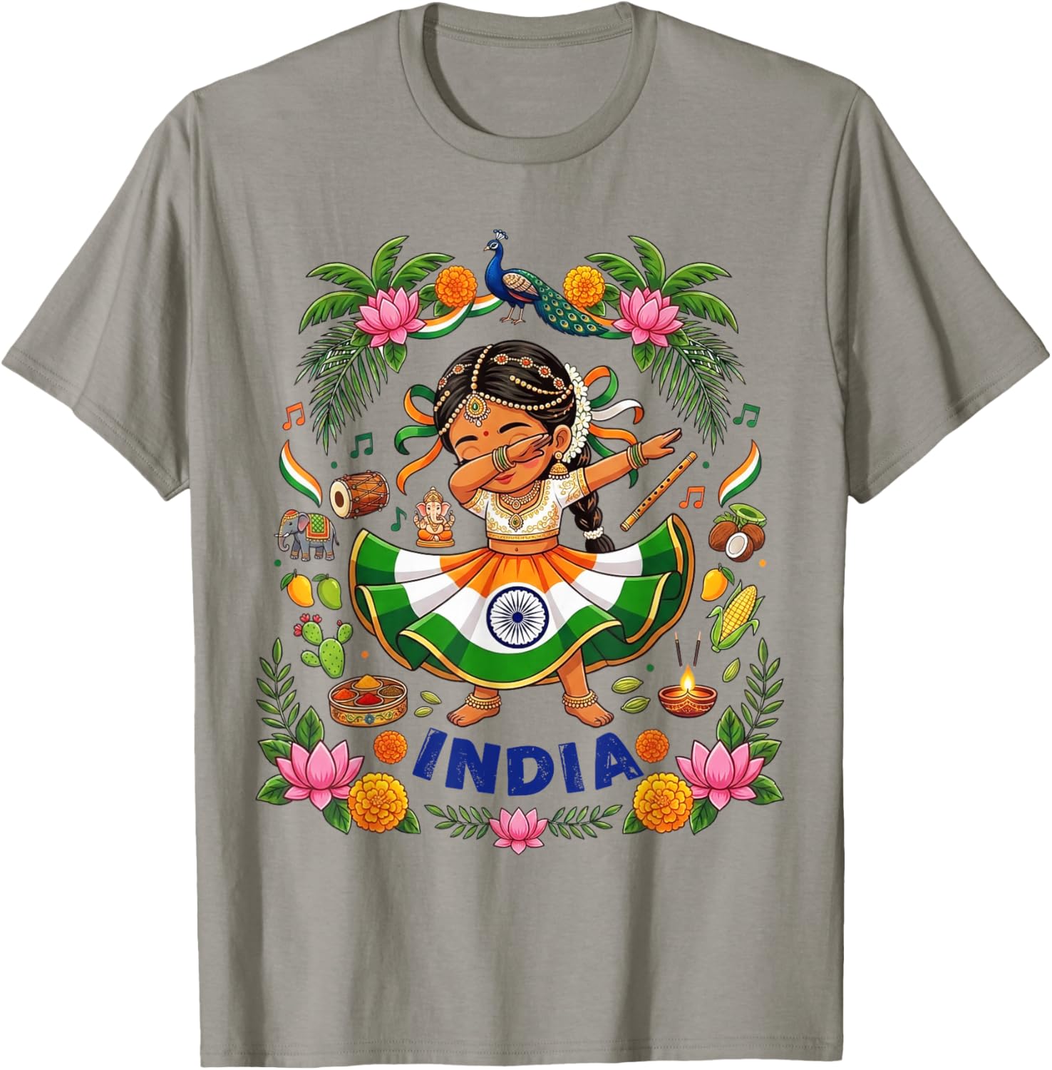 Dabbing India Girl Flag Dress Lotus Flowers Pride Heritage T-Shirt - T-Shirt | Sand