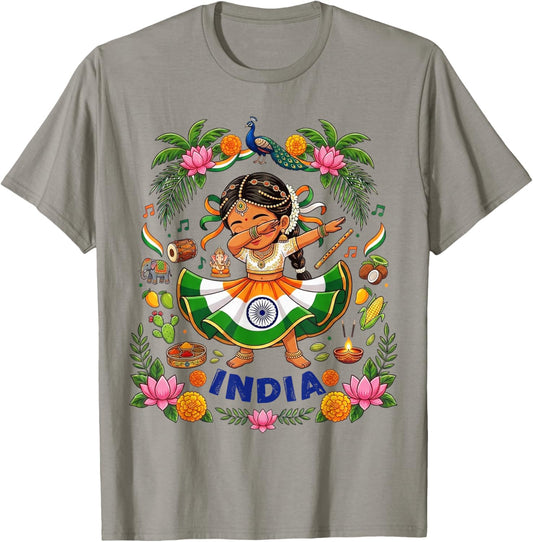 Dabbing India Girl Flag Dress Lotus Flowers Pride Heritage T-Shirt - T-Shirt | Sand