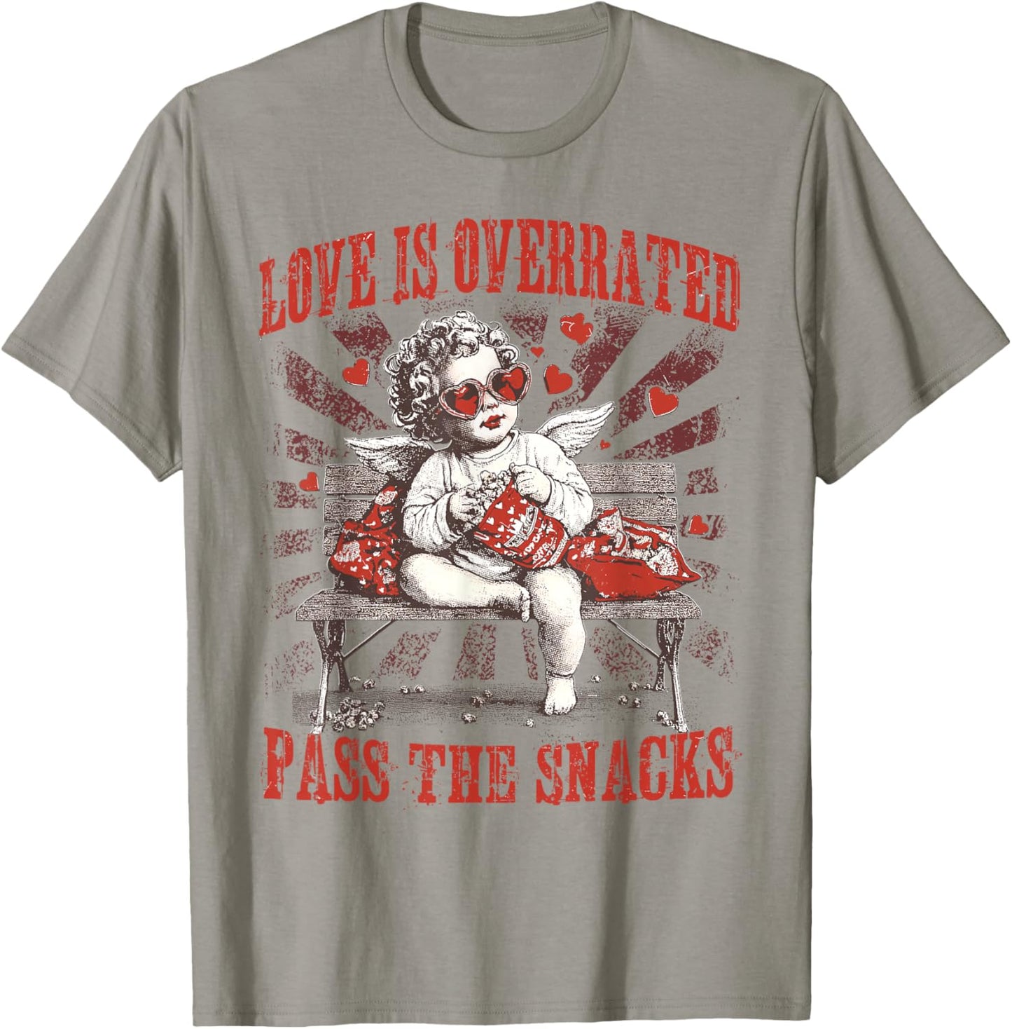 Funny Cupid Love is Overrated Pass The Snacks Anti Valentine T-Shirt - T-Shirt | Sand