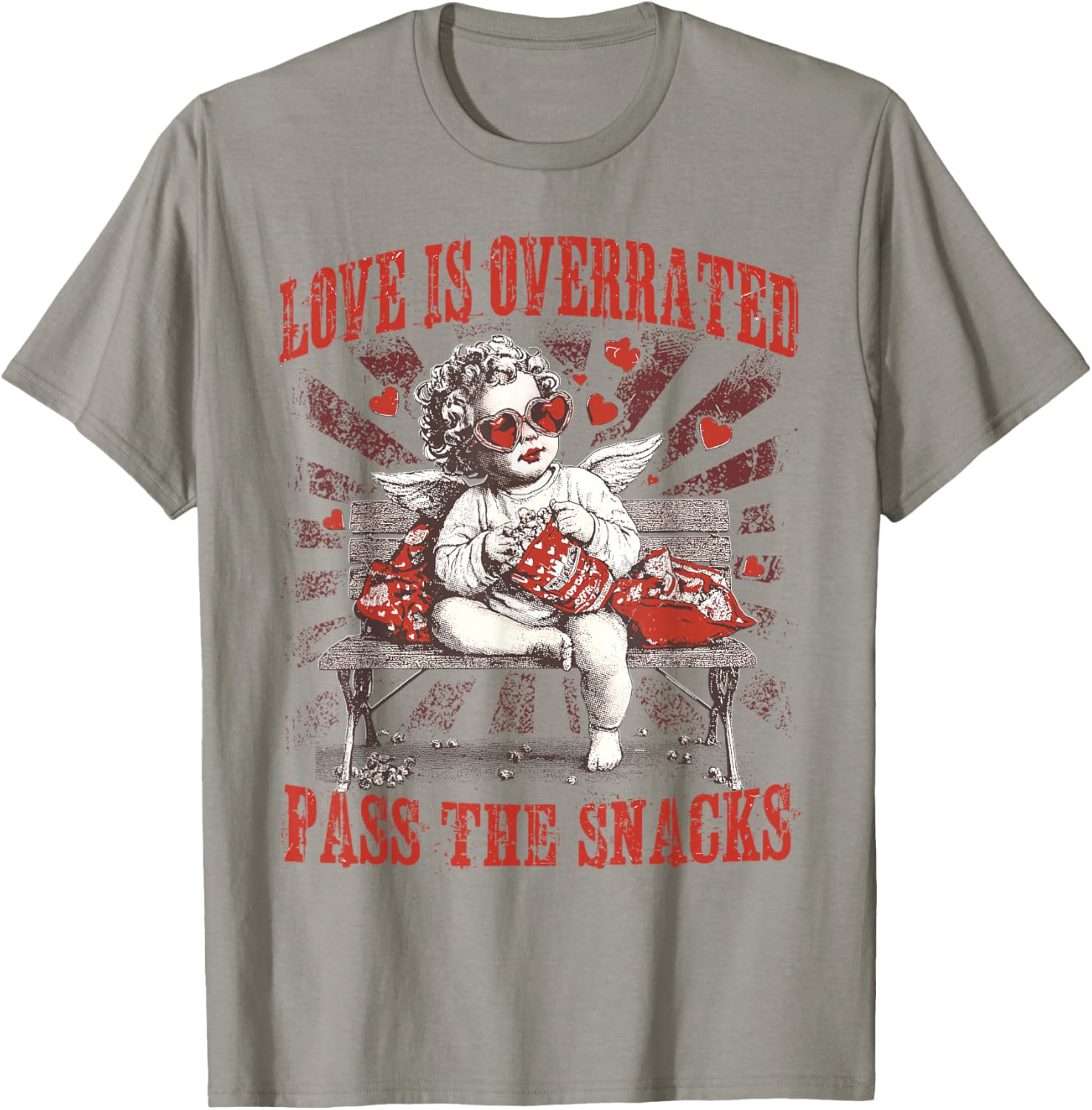 Funny Cupid Love is Overrated Pass The Snacks Anti Valentine T-Shirt - T-Shirt | Sand