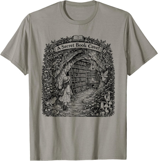 for Bookworm | A Secret Book CAVE | Frog Girl Mushroom Books T-Shirt - T-Shirt | Sand