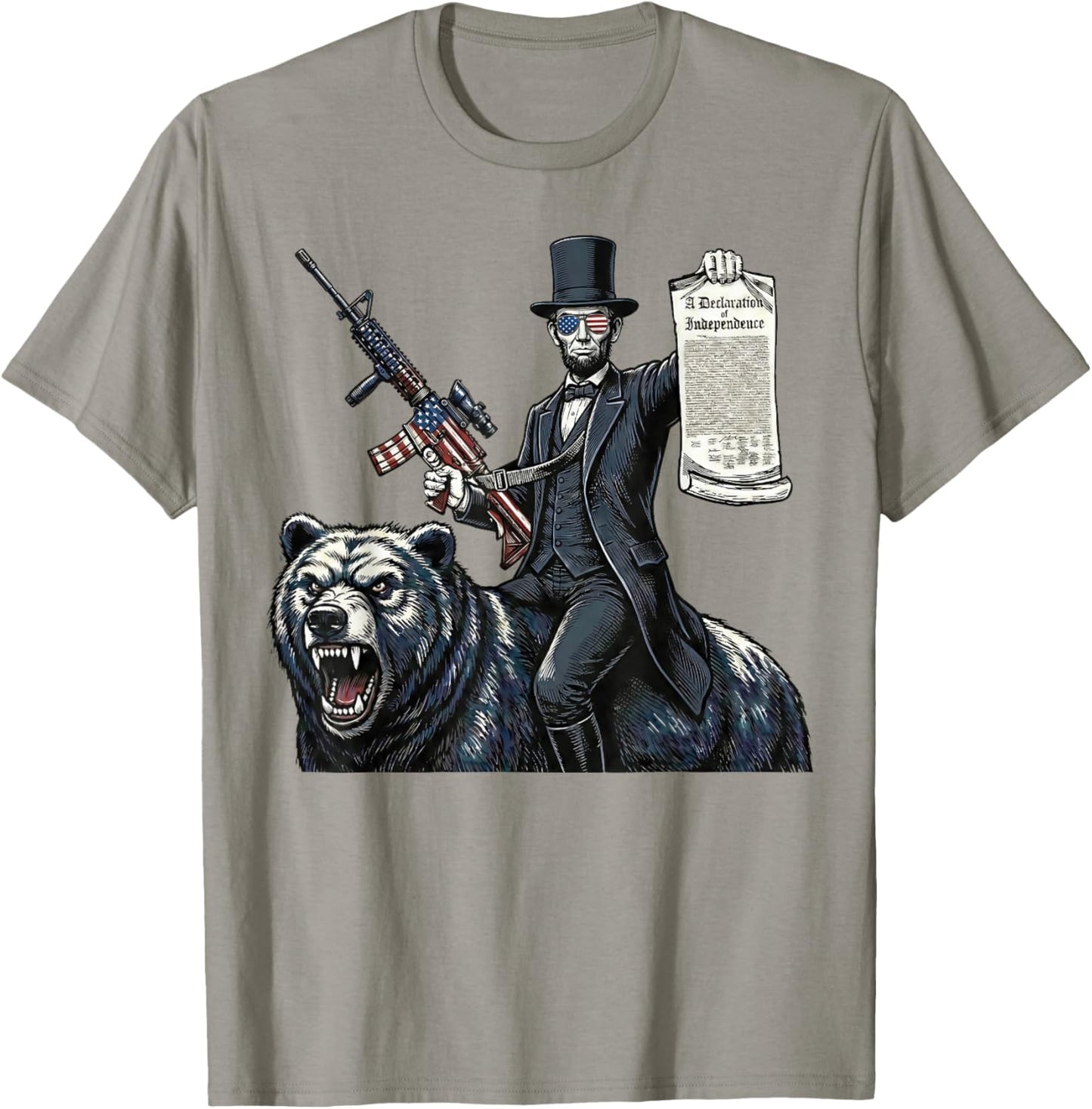 Abe Lincoln Riding Bear with Declaration Funny Patriotic 4th T-Shirt - T-Shirt | Sand