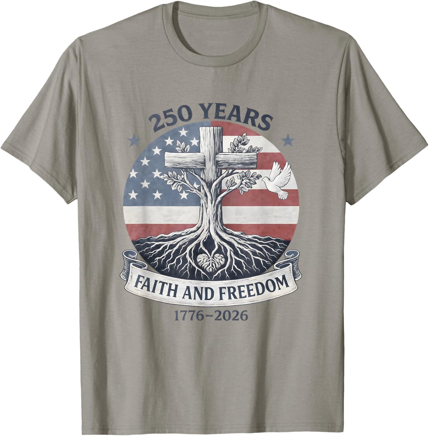 Flag Cross Tree 250 Years Faith and Freedom 1776-2026 T-Shirt - T-Shirt | Sand