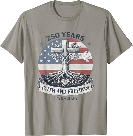 Flag Cross Tree 250 Years Faith and Freedom 1776-2026 T-Shirt - T-Shirt | Sand