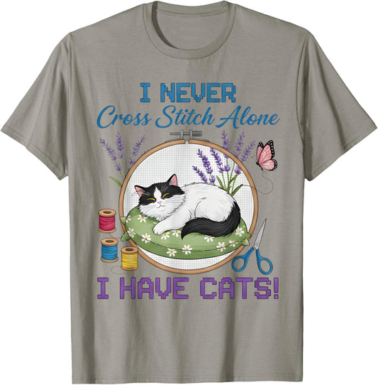Never Cross Stitch Alone Cat Stitcher Quilt Cross Stitch T-Shirt - T-Shirt | Sand