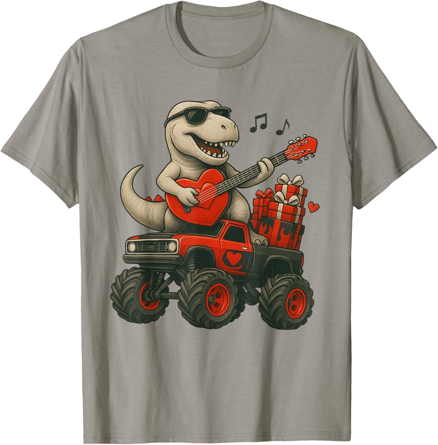 Valentines Day T Rex Riding Monster Truck Guitar Toddler Boy T-Shirt - T-Shirt | Sand