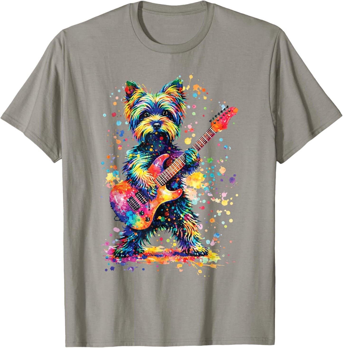 Colorful Yorkie Rock Funny Dog Playing Guitar Rock Style T-Shirt - T-Shirt | Sand