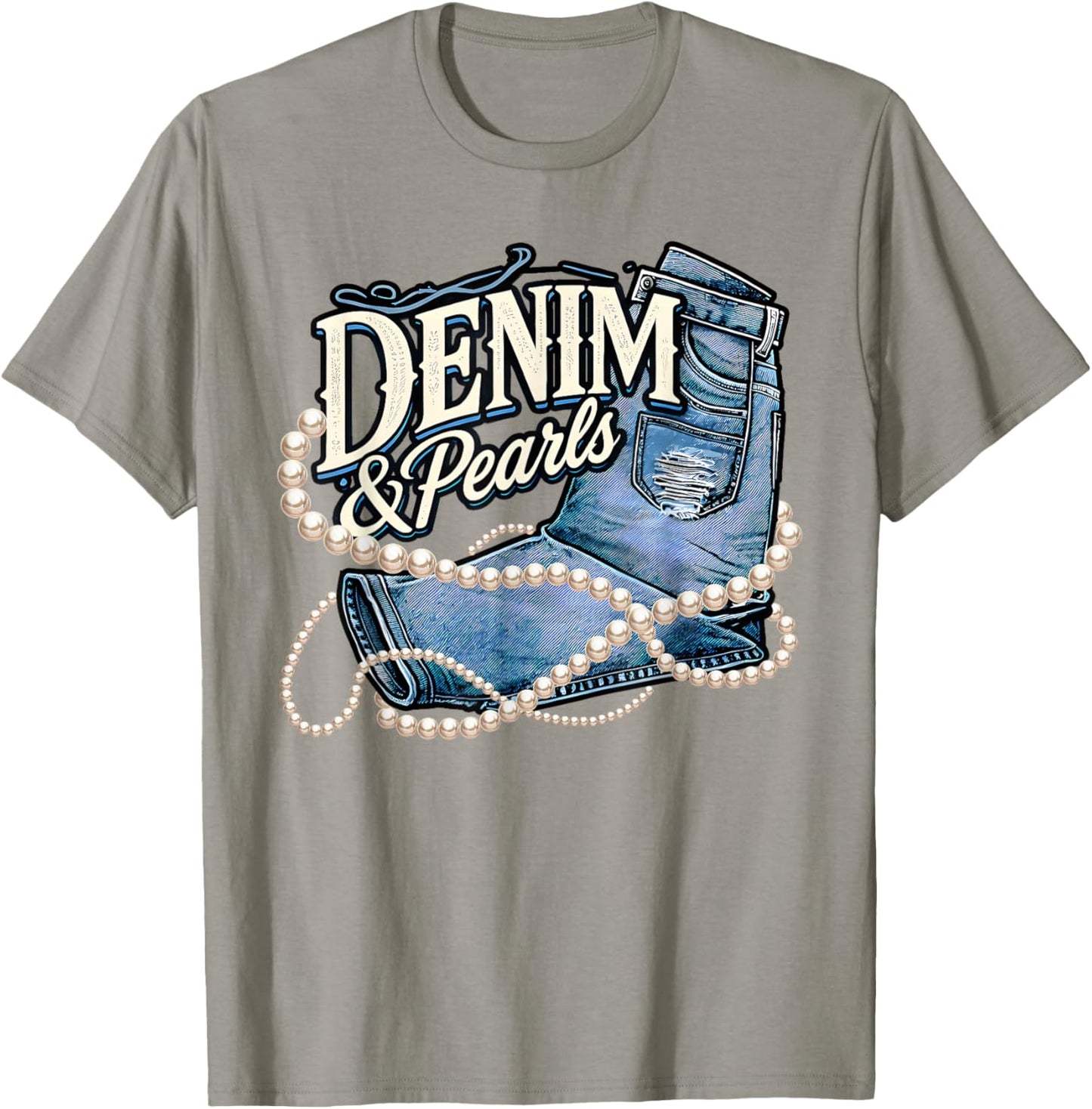 Denim and Pearls Outfit for Stylish Women T-Shirt - T-Shirt | Sand