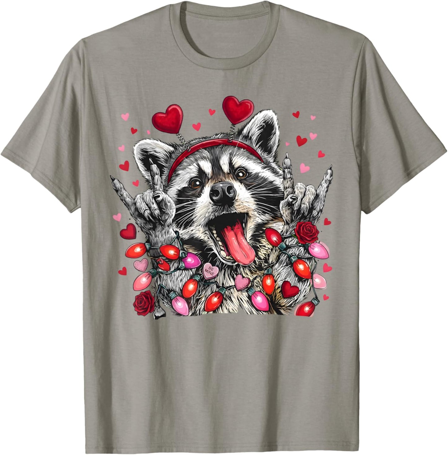 Rock On Hand Sign Racoon Meme Funny Valentines T-Shirt - T-Shirt | Sand