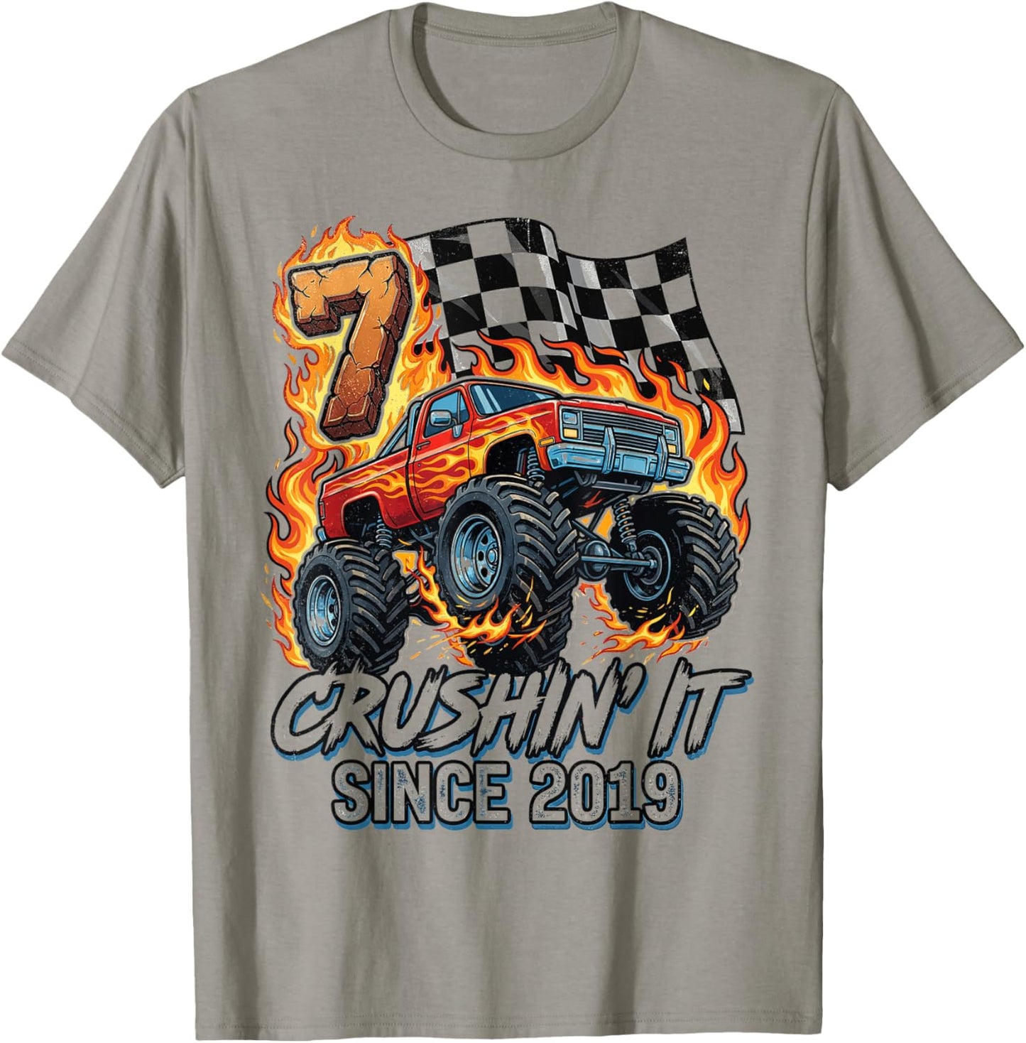 Birthday Monster Truck 7 Year Old Boys 7th Party Born 2019 T-Shirt - T-Shirt | Sand