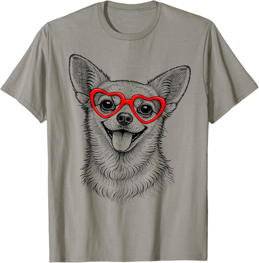 Funny Chihuahua Face Heart Glasses Dog Valentine's Day T-Shirt - T-Shirt | Sand