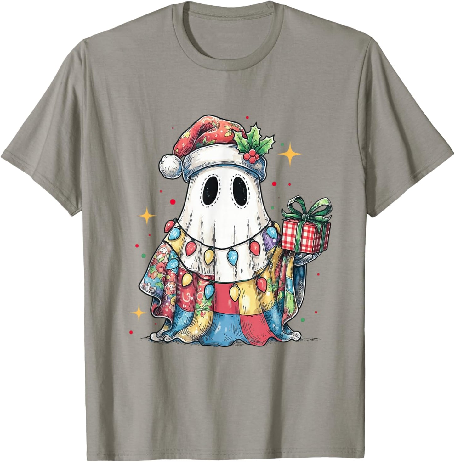 Santa Ghost Spooky Christmas Light Patchwork Matching Family T-Shirt - T-Shirt | Sand