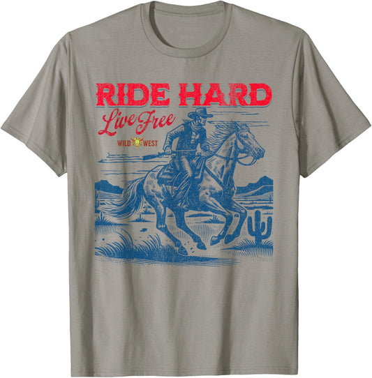 Ride Hard Live Free Vintage Western Cowboy Wild West Graphic T-Shirt - T-Shirt | Sand