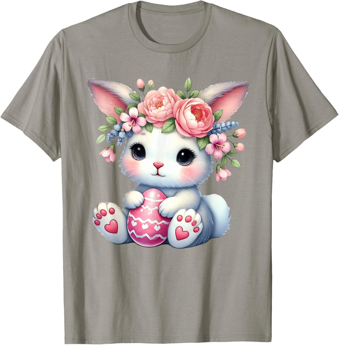 Easter Bunny with Flower Crown Girls Women Floral Cute T-Shirt - T-Shirt | Sand