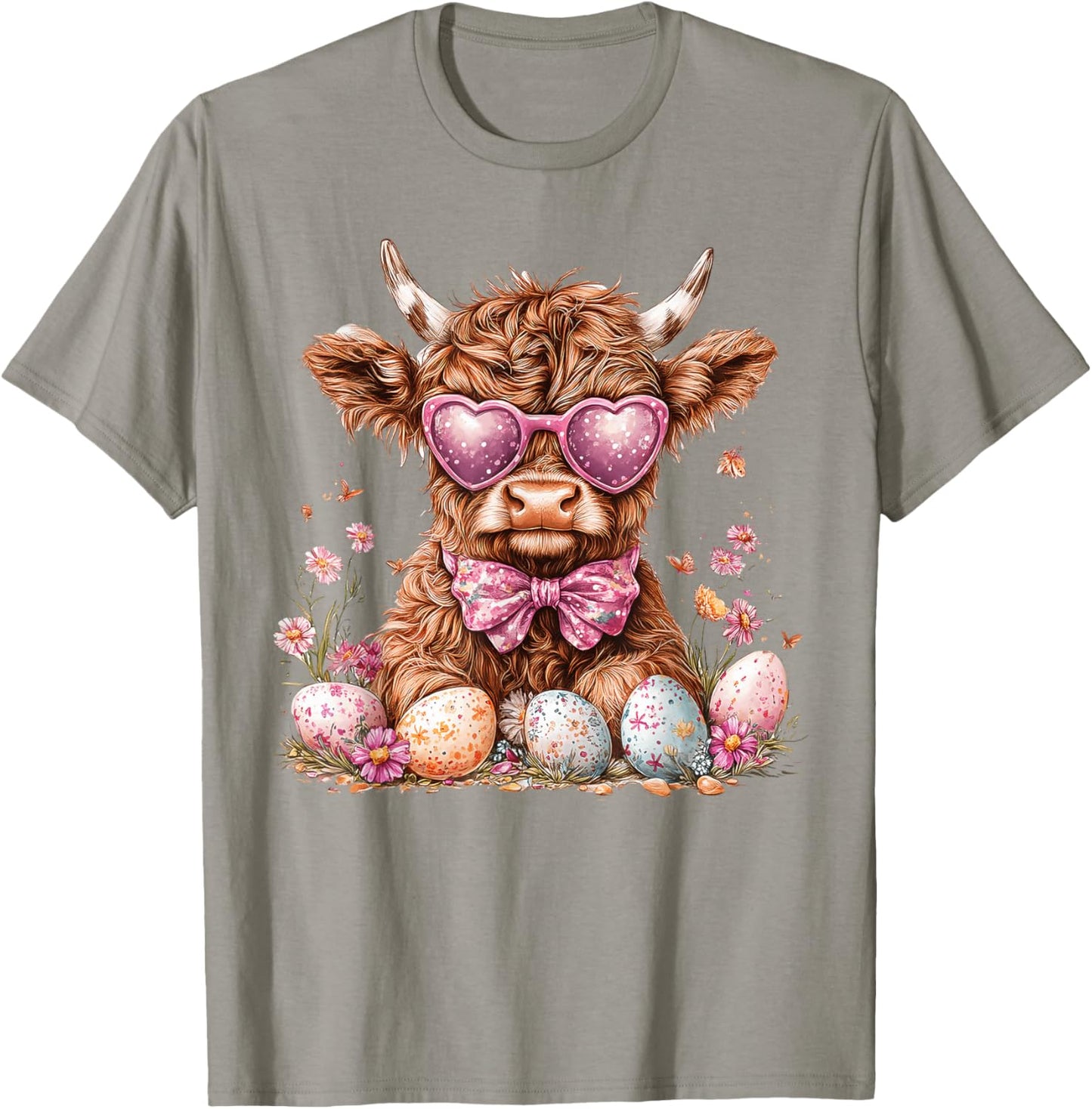 Cute Pink Floral Highland Cow Coquette Bow Easter Eggs T-Shirt - T-Shirt | Sand