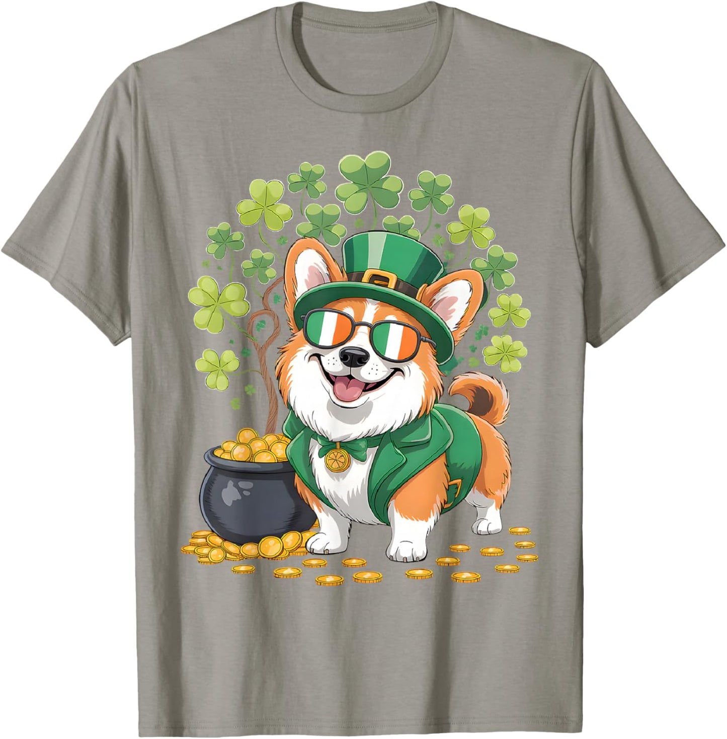 St Patricks Day Corgi Dog Shamrock Tree Leprechaun Hat T-Shirt - T-Shirt | Sand