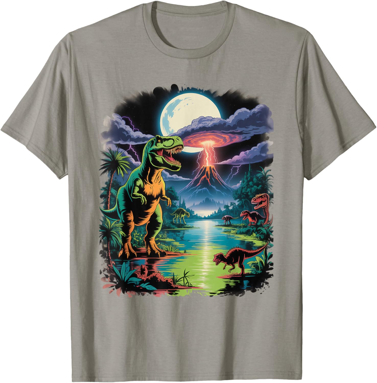 Vintage Retro 90s Airbrushed Dinosaur Jungle Volcano Scene T-Shirt - T-Shirt | Sand