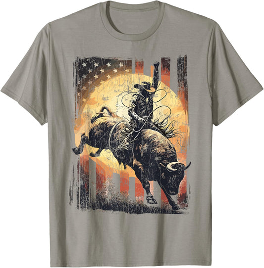 Rodeo Rider Bull Retro Patriotic Cowboy USA Flag T-Shirt - T-Shirt | Sand