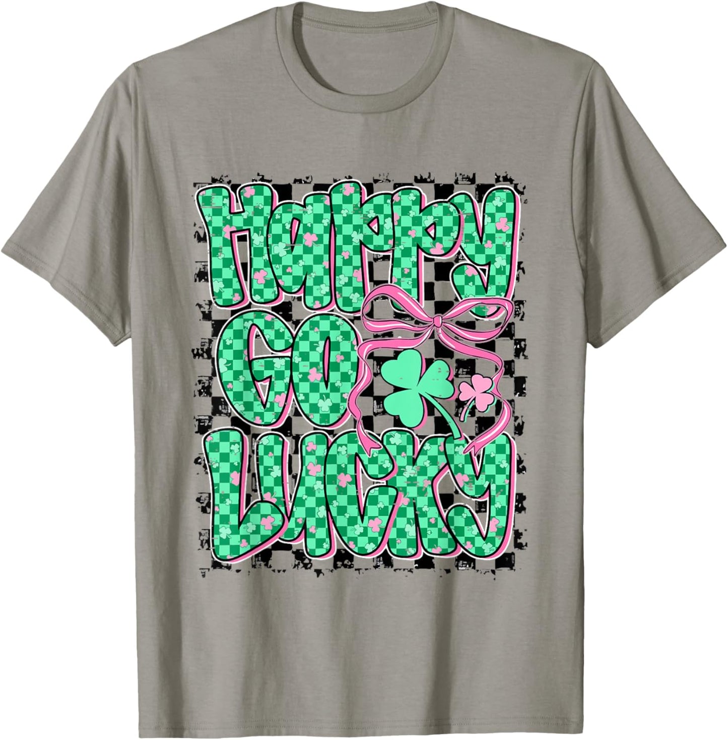 Retro Checkered Happy Go Lucky Shamrock Cute St Patricks Day T-Shirt - T-Shirt | Sand