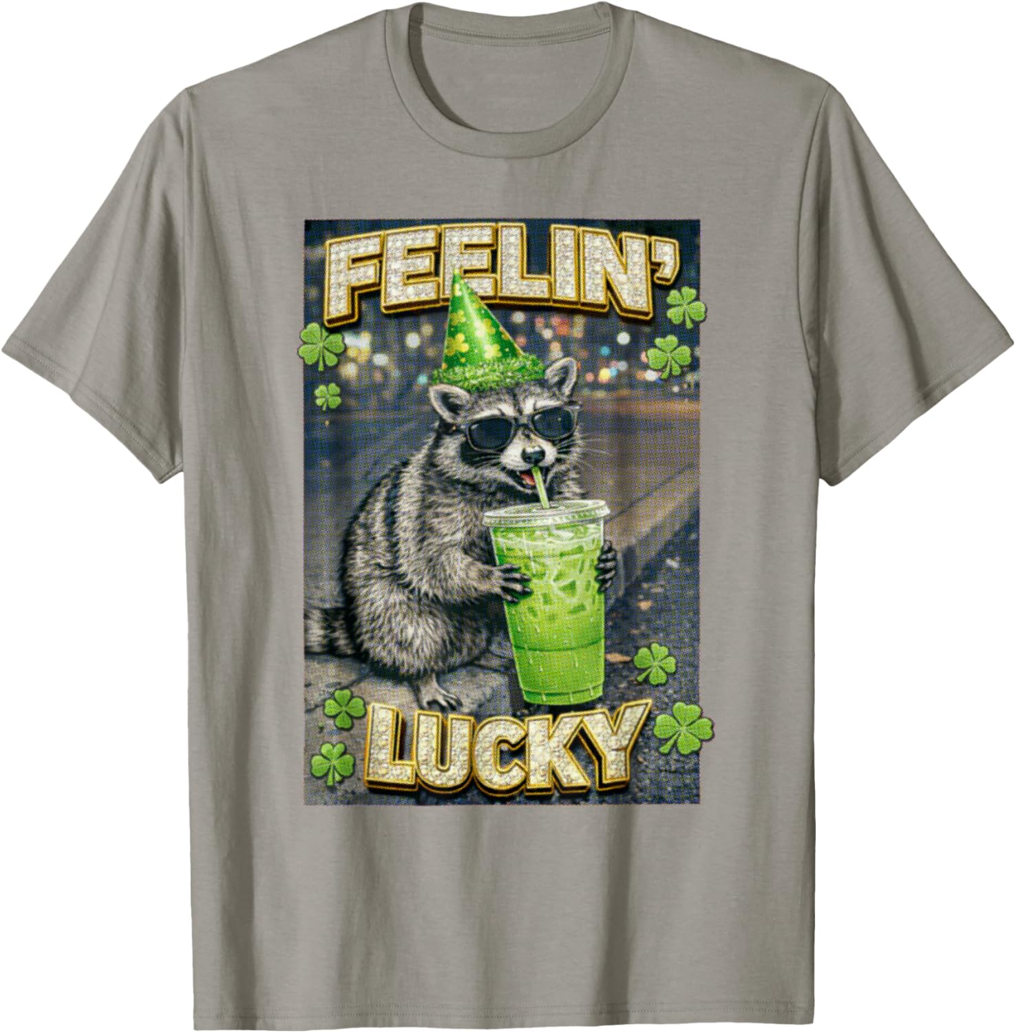 St Patricks Feeling Lucky Funny Racoon Coffee Lover Party T-Shirt - T-Shirt | Sand