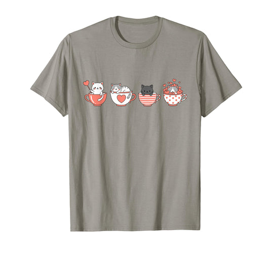Kawaii Cat Cute Valentine Hearts Teacup Kitty T-Shirt