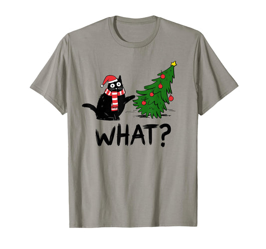 Funny Black Cat Gift Pushing Christmas Tree Over Cat What T-Shirt