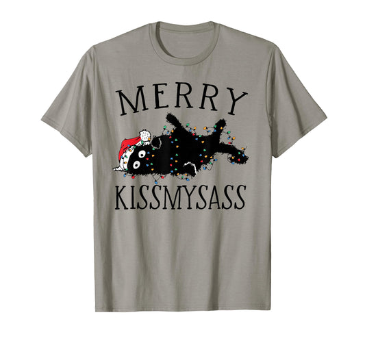 Merry KissMyAss Angry Cat Christmas Funny Sarcastic Humor T-Shirt