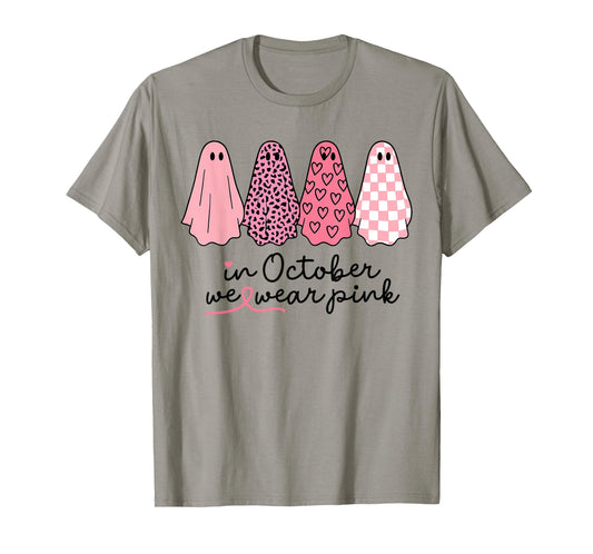 Breast Cancer Ghost in October We Wear Pink Halloween Spooky T-Shirt