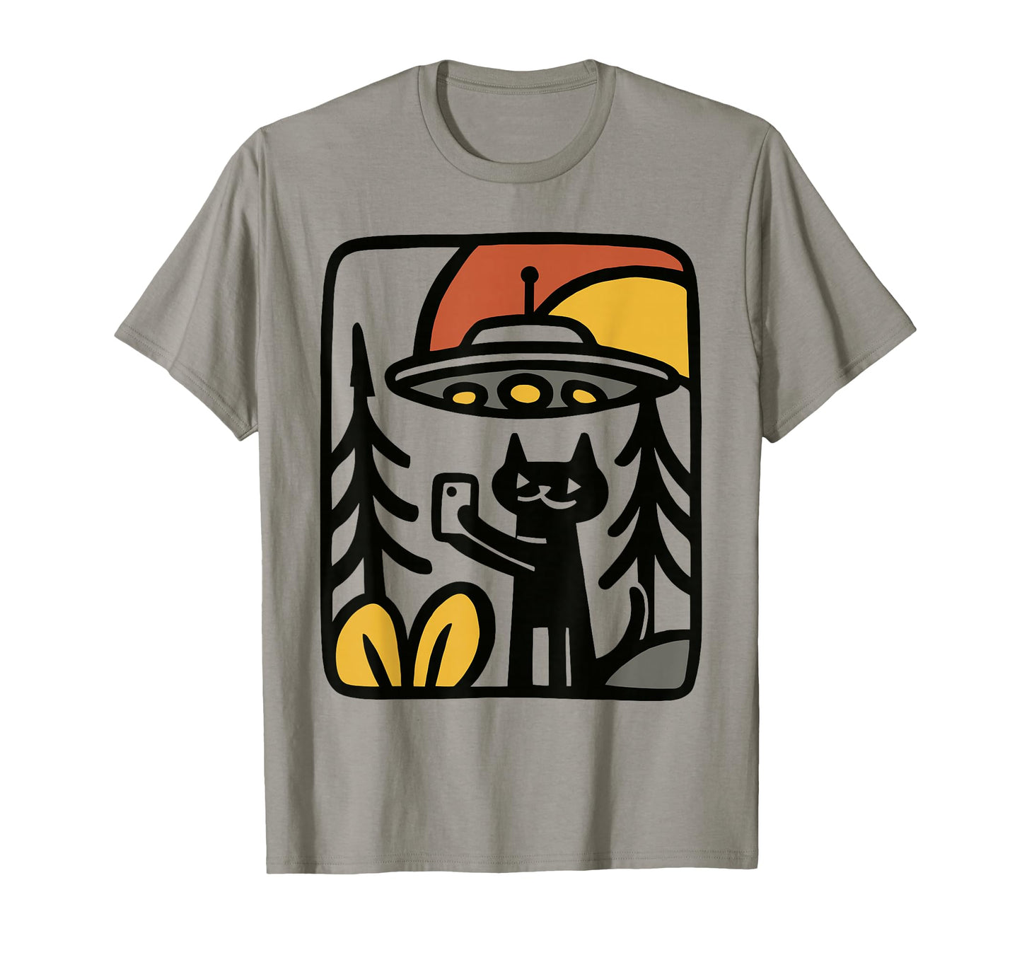 Black Cat UFO Selfie – Funny Alien Forest Art Illustration T-Shirt