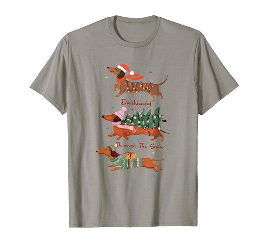 Funny Weiner Dog Dachshund Through The Snow Merry Christmas T-Shirt