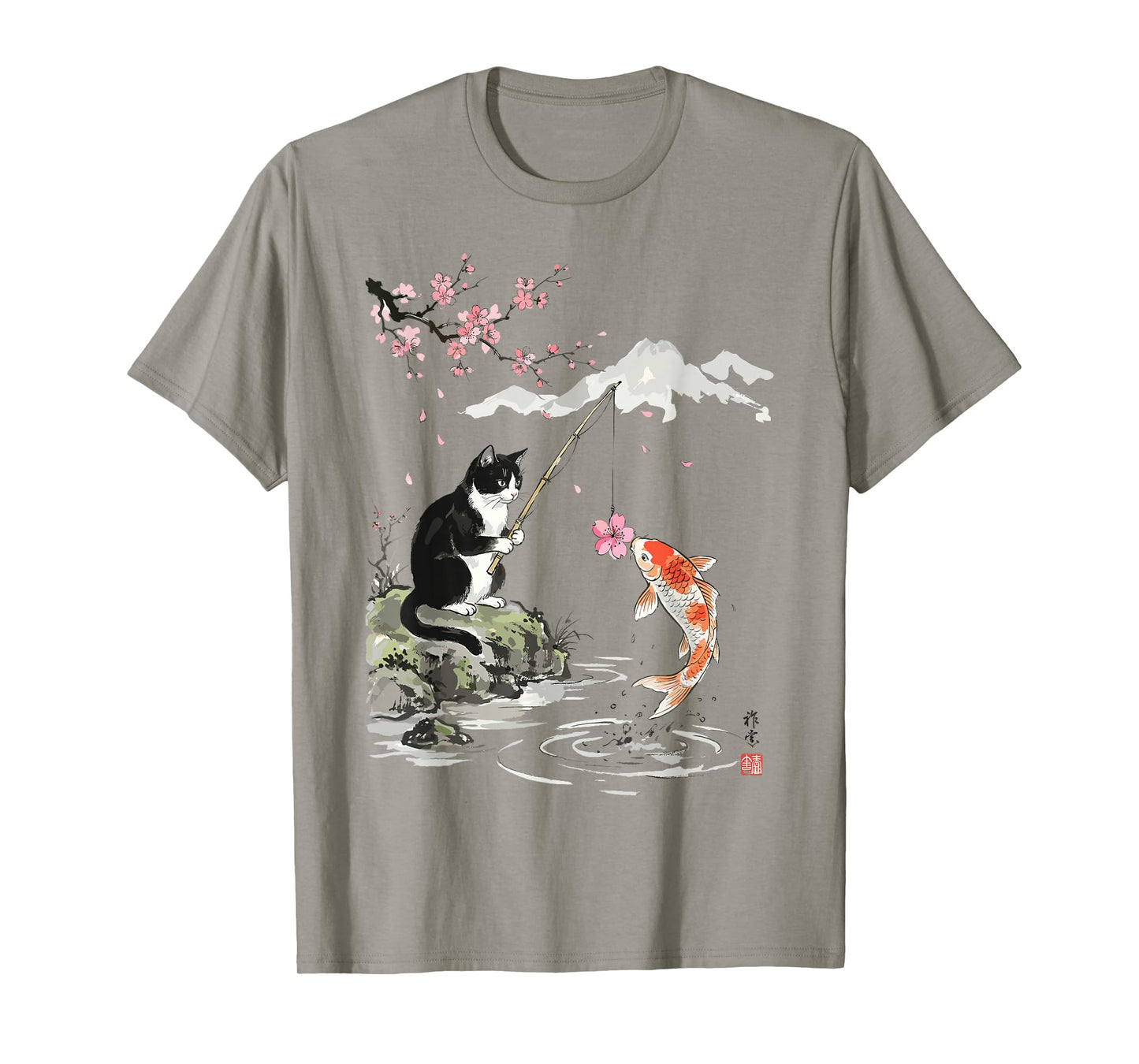 Japanese Cherry Blossom Cat Koi Fishing Funny T-Shirt