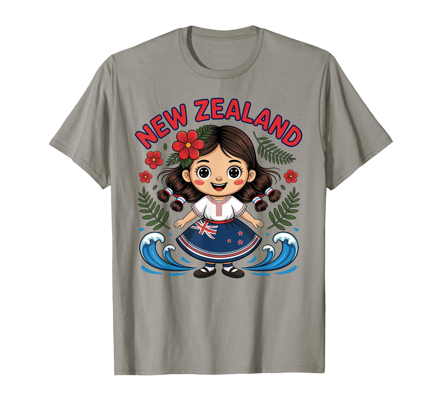 Cute New Zealand Girl with Fern and Waves dor Kids T-Shirt