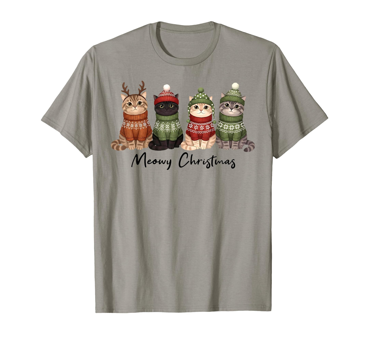 Cat Christmas Light Reindeer Santa Meowy Christmas Cat Lover T-Shirt