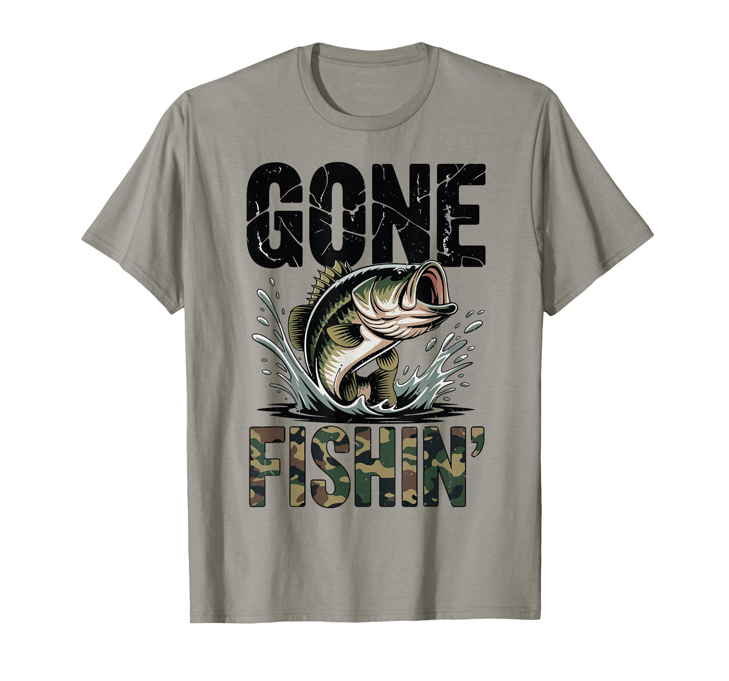 Fishing Camo Bass Fish Gone Fishing Men Youth Funny Dad Joke T-Shirt