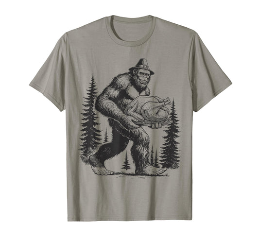 Thanksgiving Bigfoot Funny Sasquatch Carrying Turkey Autumn T-Shirt