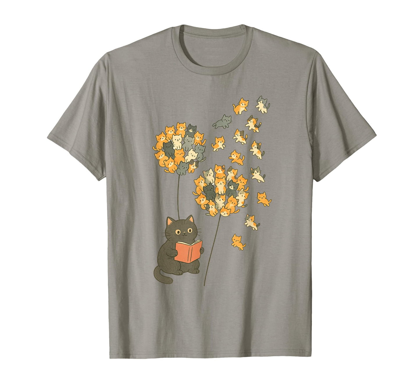 Cute Reading Cat with Kitten Dandelion Flowers Book Lover T-Shirt