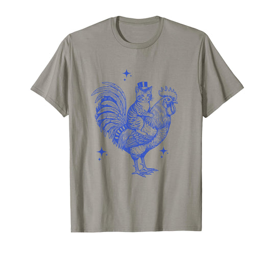 Funny Cat in Top Hat Riding A Rooster Vintage Line Art T-Shirt