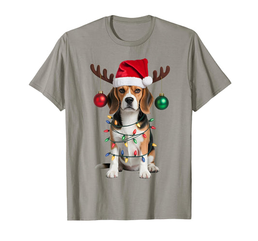 Santa Beagle Christmas Lights Funny Reindeer Dog Xmas Tree T-Shirt