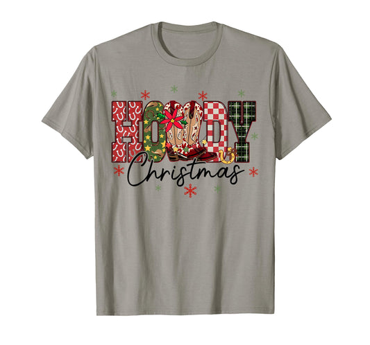 Retro Howdy Christmas Western Cowboy Boots Checkered Plaid T-Shirt