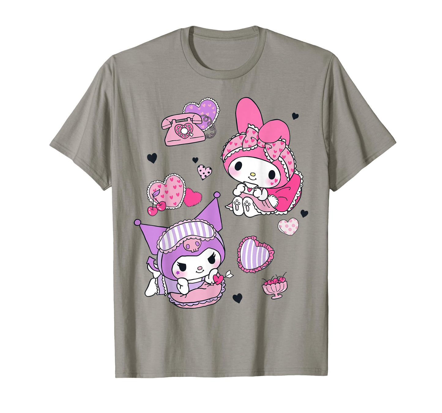 Hello Kitty My Melody and Kuromi Sleepover Fun Flying Hearts T-Shirt