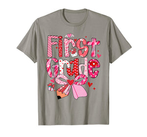 First 1st Grade Valentines Day Coquette Bow Teachers Girls T-Shirt